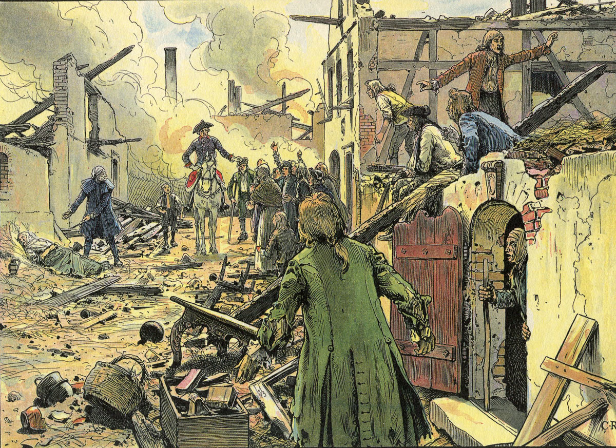 Frederick the Great inspects the damage in the town of Küstrin inflicted by the Russian Cossacks before the Battle of Zorndorf 25th August 1758 in the Seven Years War: picture by Carl Röhling: click here to buy this picture
