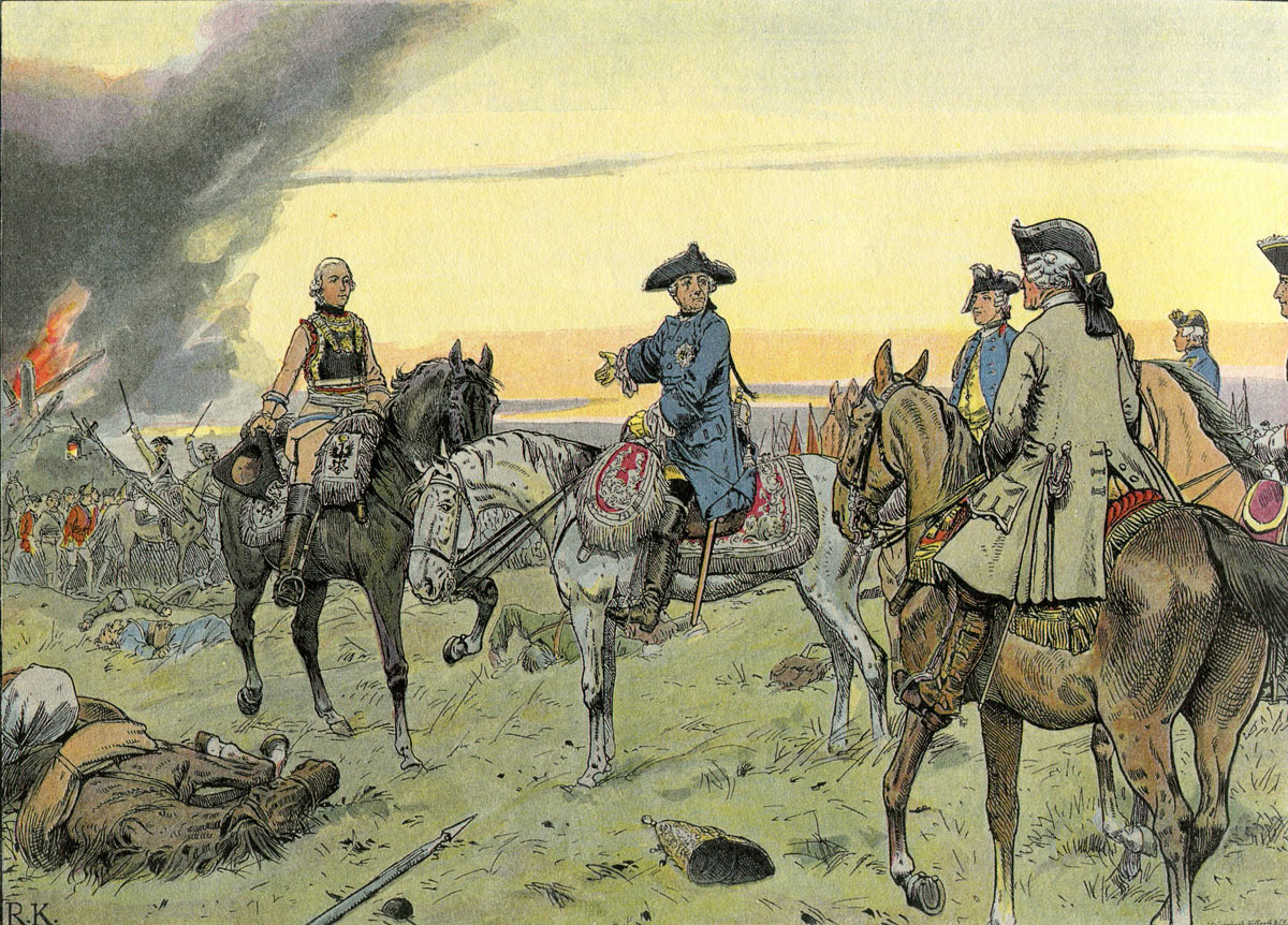 Frederick the Great compliments General von Seydlitz on his conduct during the Battle of Zorndorf 25th August 1758 in the Seven Years War: picture by Carl Röhling: click here to buy this picture