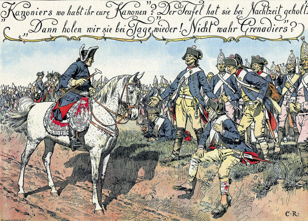 Frederick the Great addresses Prussian gunners after the Battle of Hochkirch 14th October 1758 in the Seven Years War: picture by Carl Röhling: click here to buy this picture
