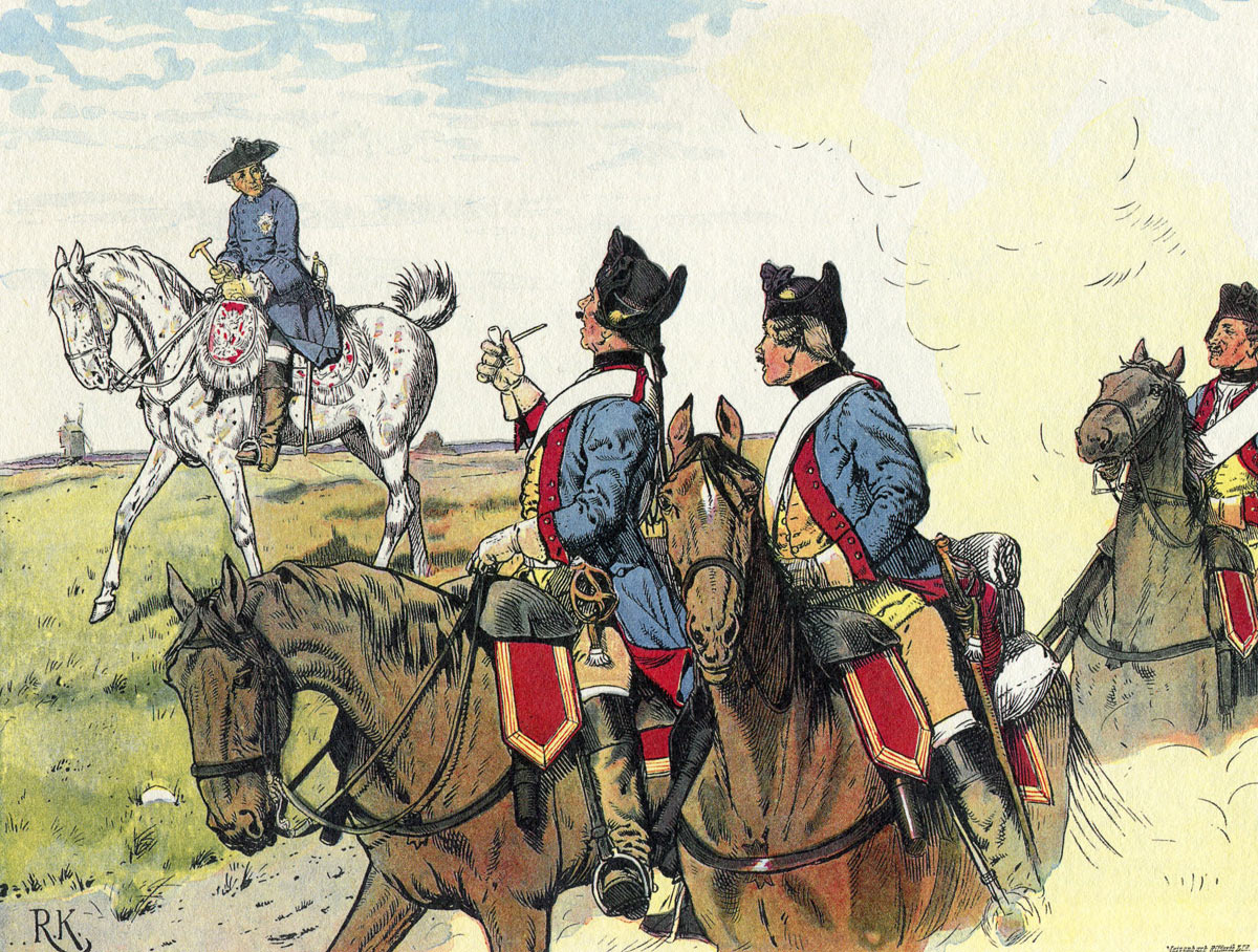Frederick the Great greeted by Prussian Dragoons on the march: Battle of Liegnitz 15th August 1760 in the Seven Years War: picture by Richard Knötel: click here to buy this picture