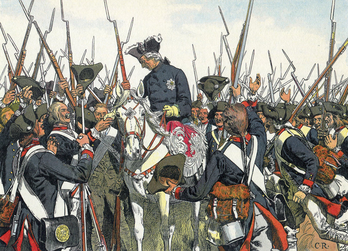 Frederick the Great agrees to return their regimental embellishments to the Bernberg Regiment after the Battle of Leignitz on 15th August 1760 in the Seven Years War: picture by Carl Röhling: click here to buy this picture