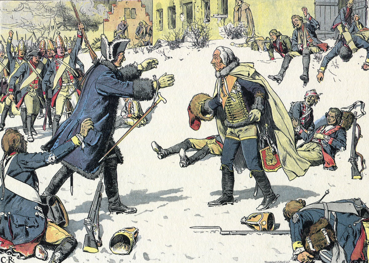 Frederick the Great greets General Zieten after the Battle of Torgau 3rd November 1760 in the Seven Years War: picture by Carl Röhling: click here to buy this picture