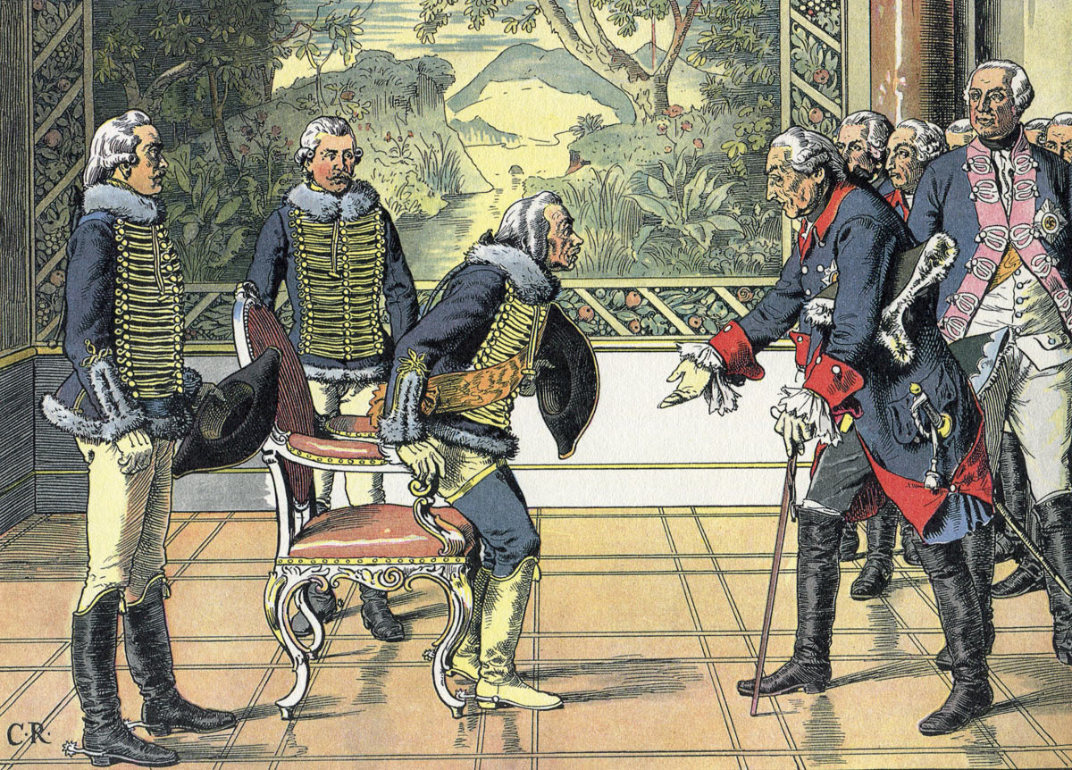Frederick the Great greets General Zieten at Sans Souci after the Seven Years War: picture by Carl Röhling. Click here or image to buy a print