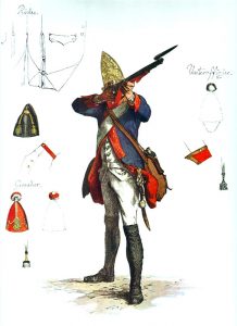 Prussian Füsilier-Regiment Markgraf Heinrich No 42: picture by Adolph Menzel as part of his series of pictures ‘Die Armee Friedrichs des Grossen in ihrer Uniformierung’.