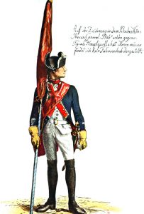 Prussian Infantry Regiment von Winterfeldt No 1 (the regiment lost 22 officers and 1,168 men in the battle): picture by Adolph Menzel as part of his series of pictures ‘Die Armee Friedrichs des Grossen in ihrer Uniformierung’.