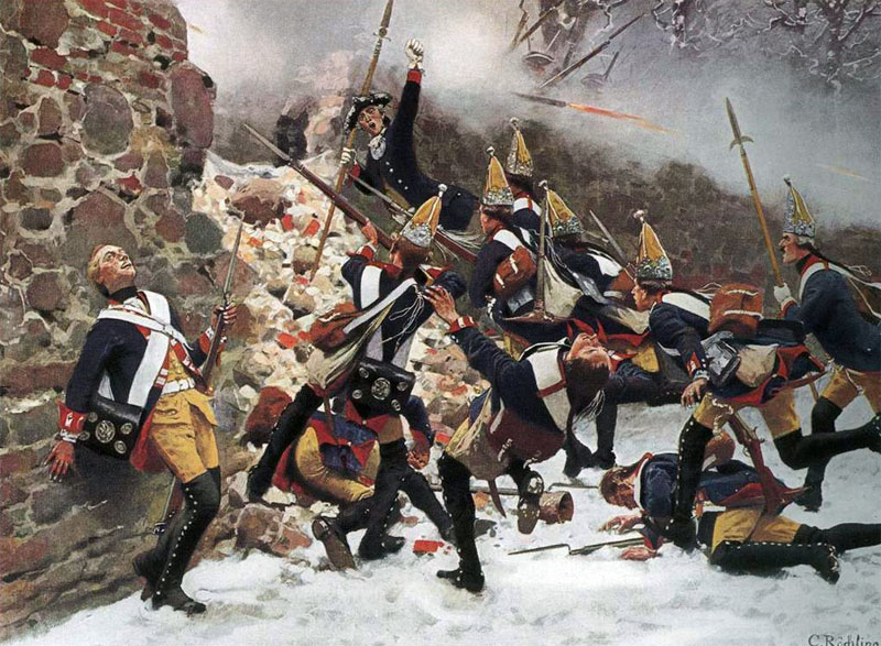 Prussian Grenadiers under Captain Möllendorf storm into the village of Leuthen during the Battle of Leuthen