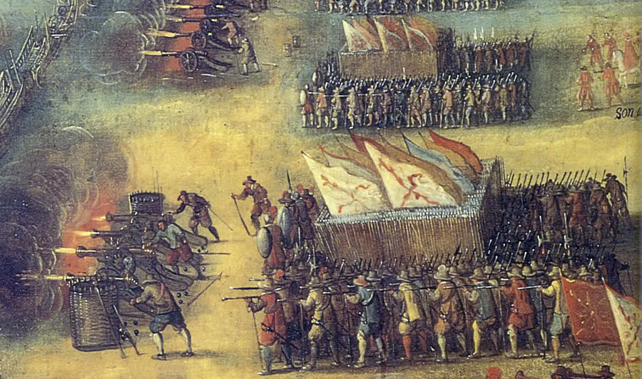Foot and guns in battle at the time of the English Civil War: Battle of Stratton 16th May 1643 during the English Civil War