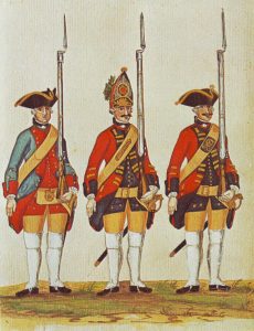 Hanoverian Artillery and Grenadier and 'hat company man' of Foot Guards: Battle of Minden 1st August 1759 in the Seven Years War: picture by Karsten