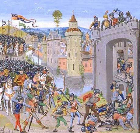 The attack by Henry V's army on Harfleur before the Battle of Agincourt on 25th October 1415 in the Hundred Years War