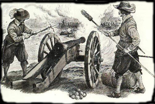 Guns in action at the time of the English Civil War: First Battle of Newbury on 20th September 1643 during the English Civil War