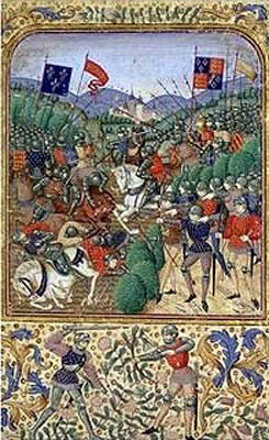 A medieval illustration of the Battle of Agincourt: the opposing Royal Standards are displayed: England on the right; France on the left. The English Royal Standards incorporates the Lilies of France to show the claim of the Kings of England to the French throne.