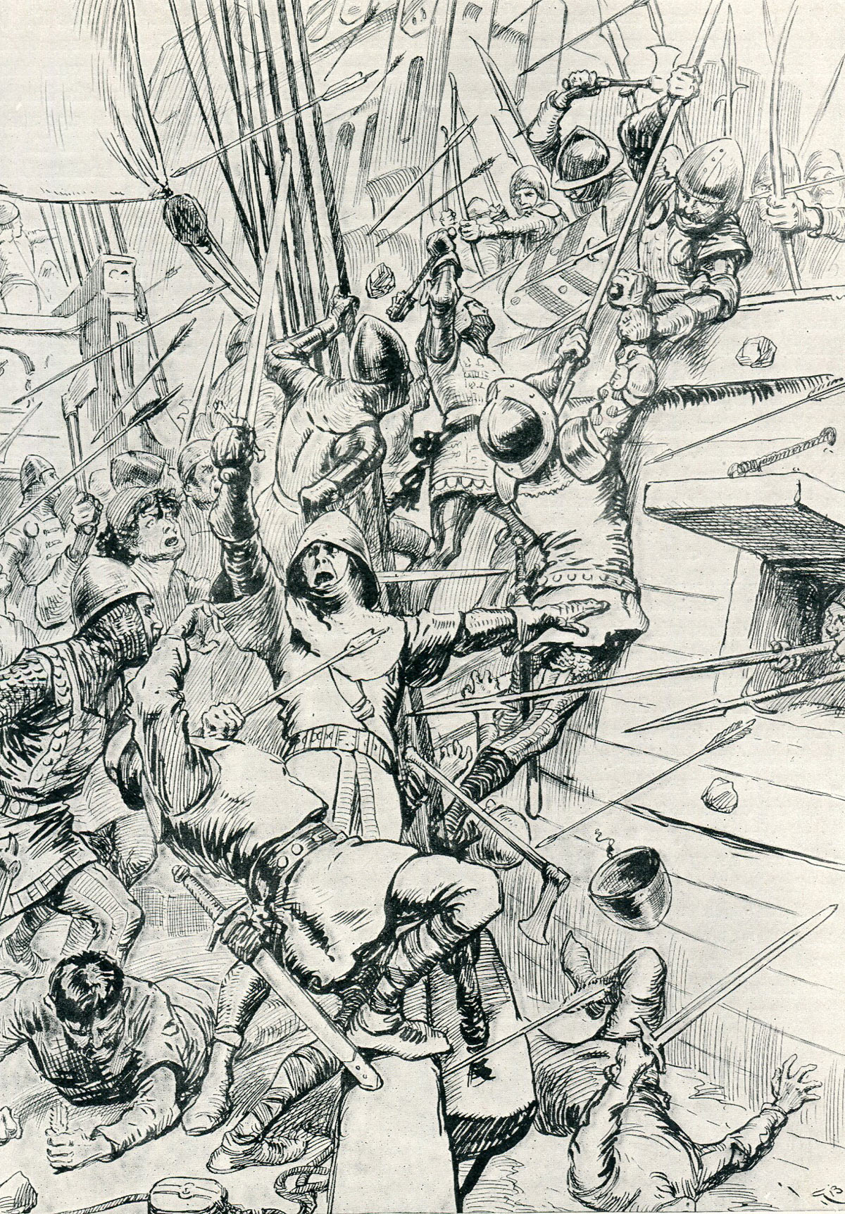 English men-at-arms boarding a French ship at the Battle of Sluys on 24th June 1340 in the Hundred Years War