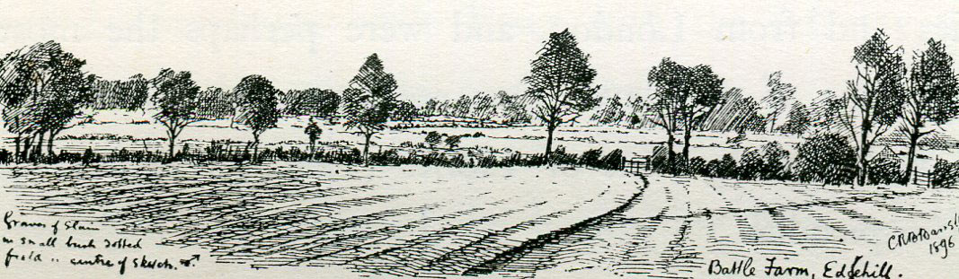 Battle Farm showing the spot where casualties were buried: Battle of Edgehill 23rd October 1642 during the English Civil War: drawing by C.R.B. Barrett