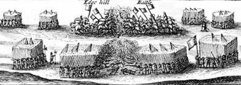Contemporary drawing of the Battle of Edgehill on 23rd October 1642 in the English Civil War