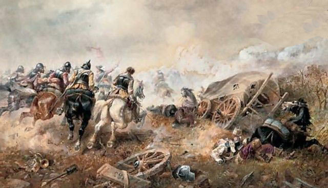 Royalist attack on the Parliamentary train at the Battle of Edgehill on 23rd October 1642 in the English Civil War