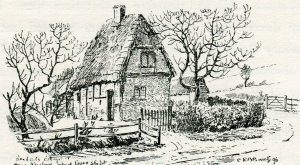 Bigg's Cottage where the Earl of Essex spent the night before the First Battle of Newbury on 20th September 1643 in the English Civil War: drawing by C.R.B. Barrett
