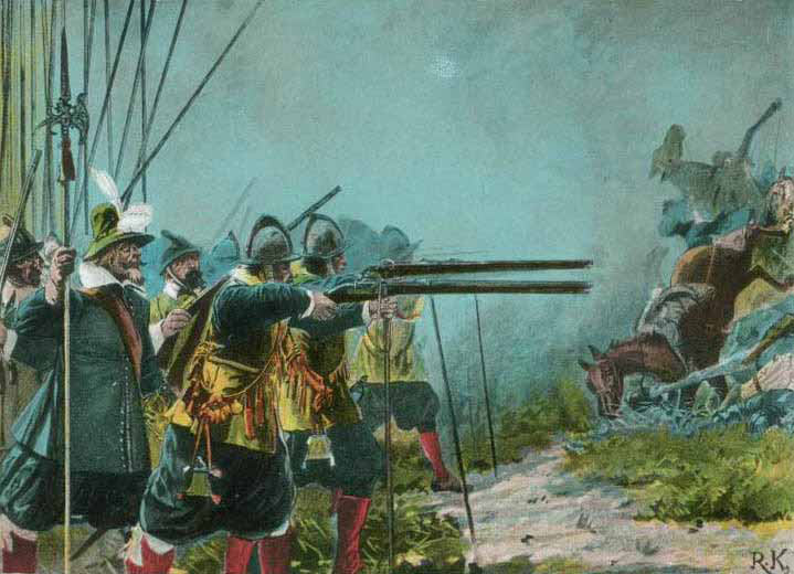 Musketeers fighting off a cavalry attack at the time of the English Civil War