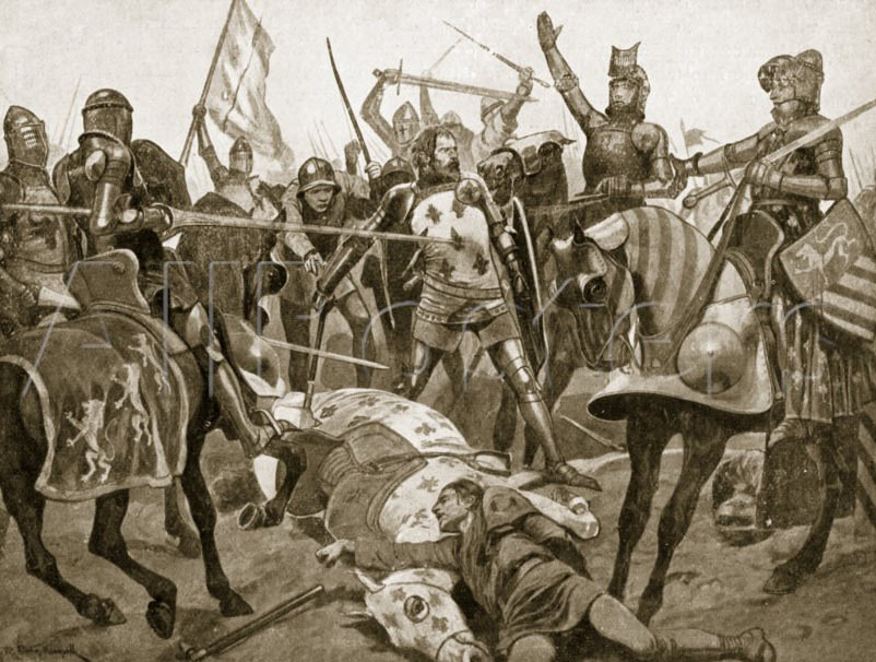 Capture of King John of France at the Battle of Poitiers on 19th September 1356 in the Hundred Years: picture by Richard Caton Woodville: click here to buy this picture
