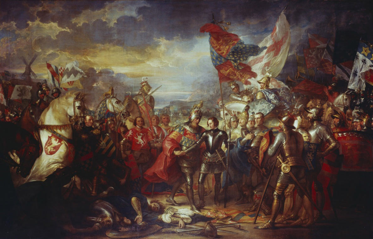 King Edward III greeting the Black Prince after the Battle of Creçy on 26th August 1346 in the Hundred Years War: picture by Benjamin West