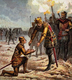 King Edward III greets the Black Prince after the Battle of Creçy on 26th August 1346 in the Hundred Years War: click here to buy this picture
