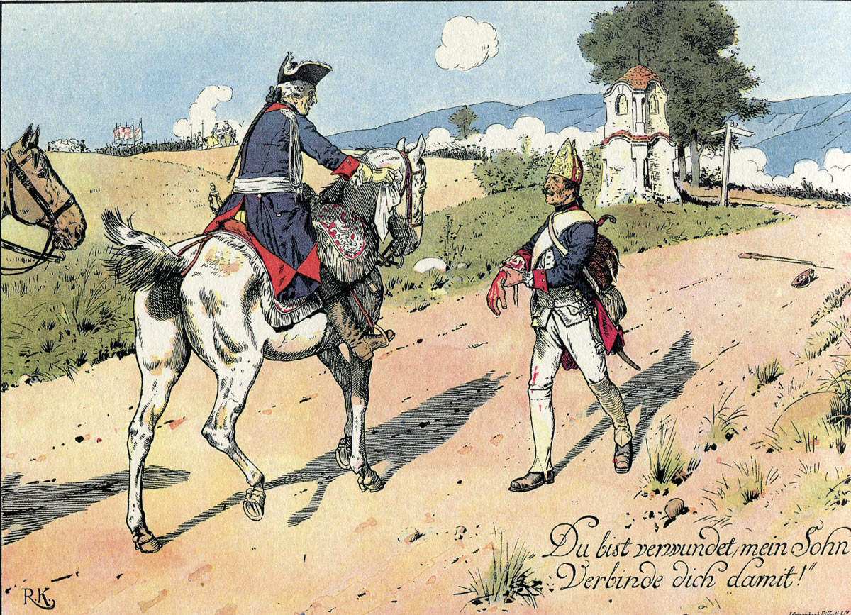 Frederick the Great greets a wounded Prussian fusilier and gives him his scarf to bind his wound during the Battle of Burkersdorf 21st July 1760 in the Seven Years War: picture by Richard Knötel: click here to buy this picture