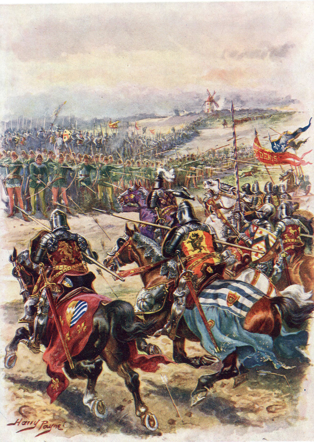 The charge of the French knights at the Battle of Creçy on 26th August 1346 in the Hundred Years War: picture by Harry Payne