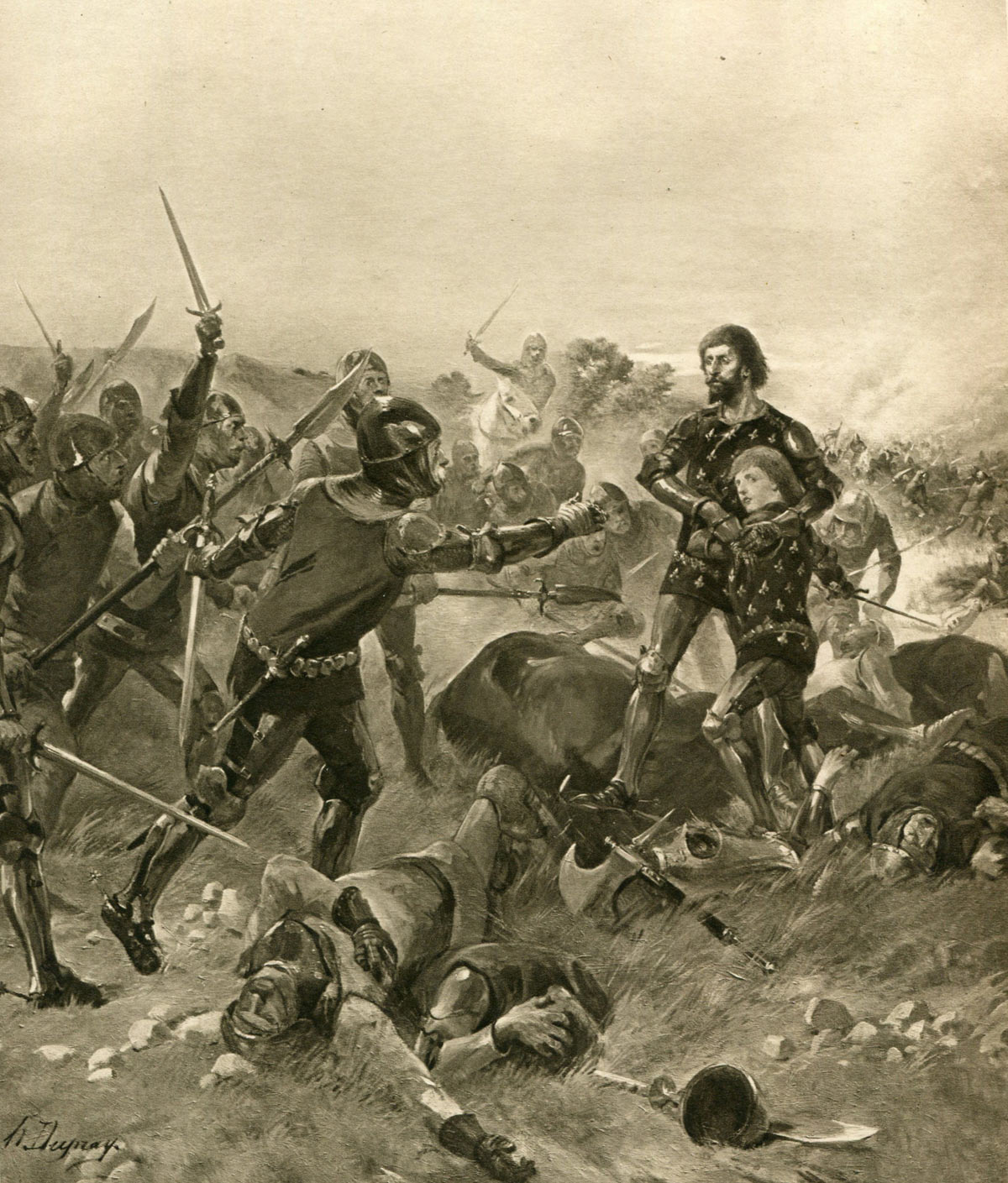Capture of King John of France and his 14 year old son at the Battle of Poitiers on 19th September 1356 in the Hundred Years: picture by Henri Dupray