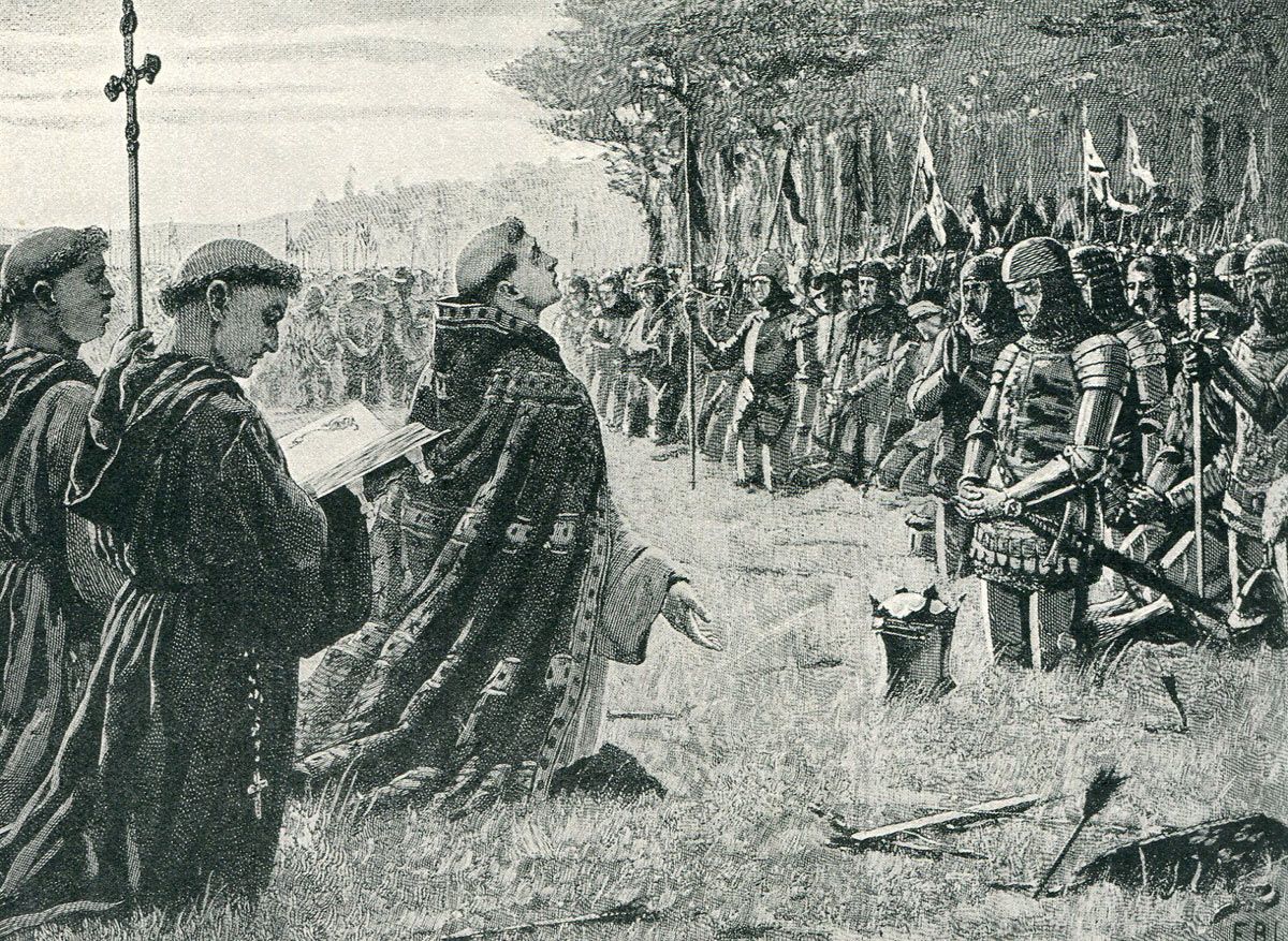 King Henry V gives thanks for his victory after the Battle of Agincourt on 25th October 1415 in the Hundred Years War