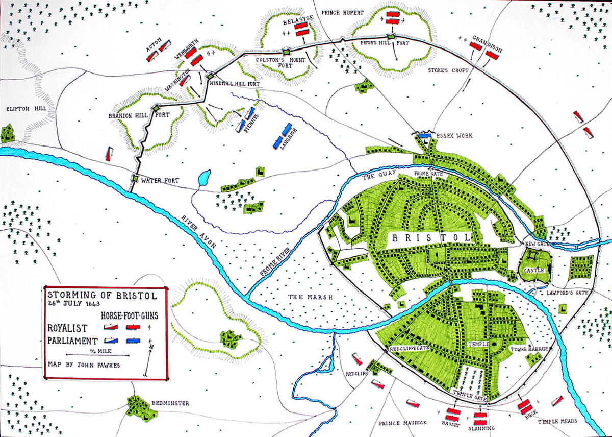 Map of the Storming of Bristol by the Royalist Army of Prince Rupert on 26th July 1643 during the English Civil War: map by John Fawkes