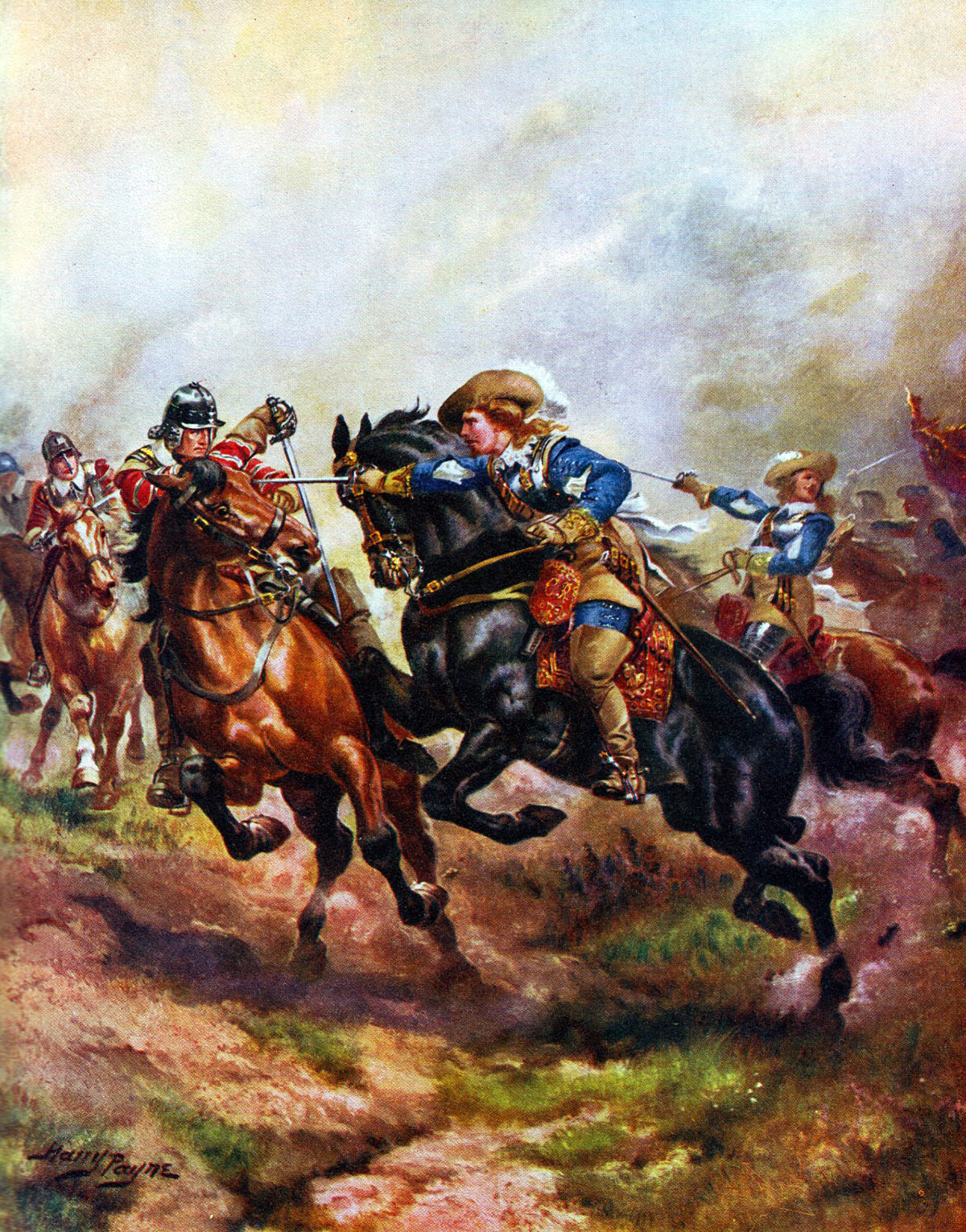The Royalist cavalry attacking at the Battle of Edgehill, 23rd October 1642: picture by Harry Payne