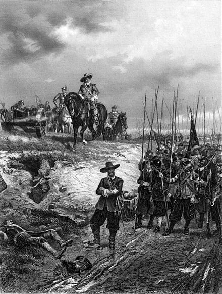 Oliver Cromwell and a regiment of Parliamentary Foot at the Battle of Marston Moor on 2nd July 1644 in the English Civil War