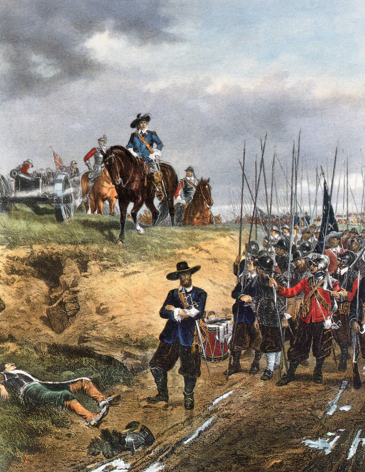 Oliver Cromwell and a regiment of Parliamentary Foot at the Battle of Marston Moor on 2nd July 1644 in the English Civil War: picture by Ernest Crofts: buy this picture in black and white