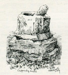 Cropredy Cross: Battle of Cropredy Bridge on 29th June 1644 in the English Civil War: drawing by C.R.B. Barrett