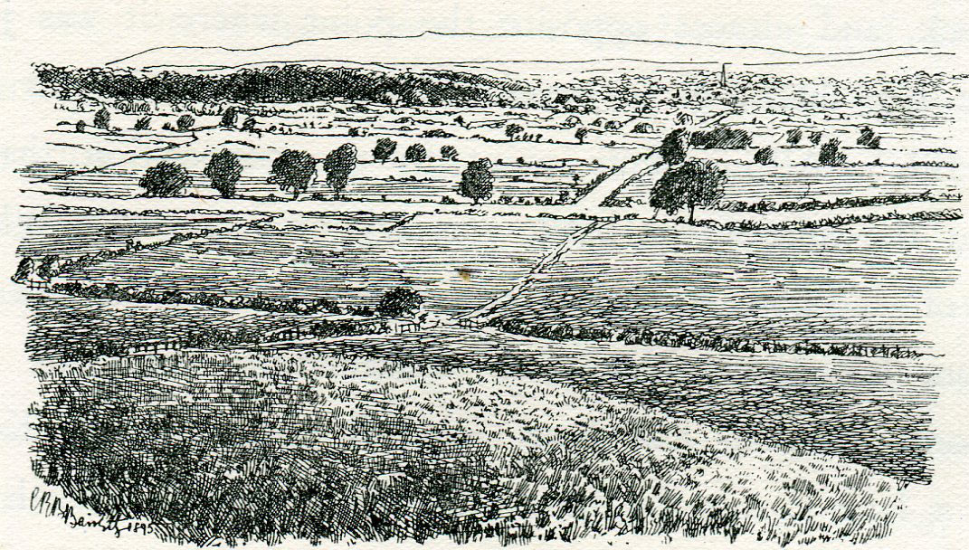Marston Moor looking north from the Parliamentary Scots position at the beginning of the Battle of Marston Moor on 2nd July 1644 in the English Civil War: drawing by C.R.B. Barrett