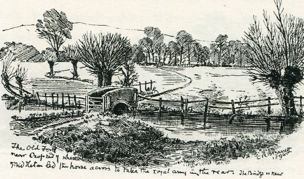 Old Ford at Cropredy Bridge: Battle of Cropredy Bridge on 29th June 1644 in the English Civil War: drawing by C.R.B. Barrett