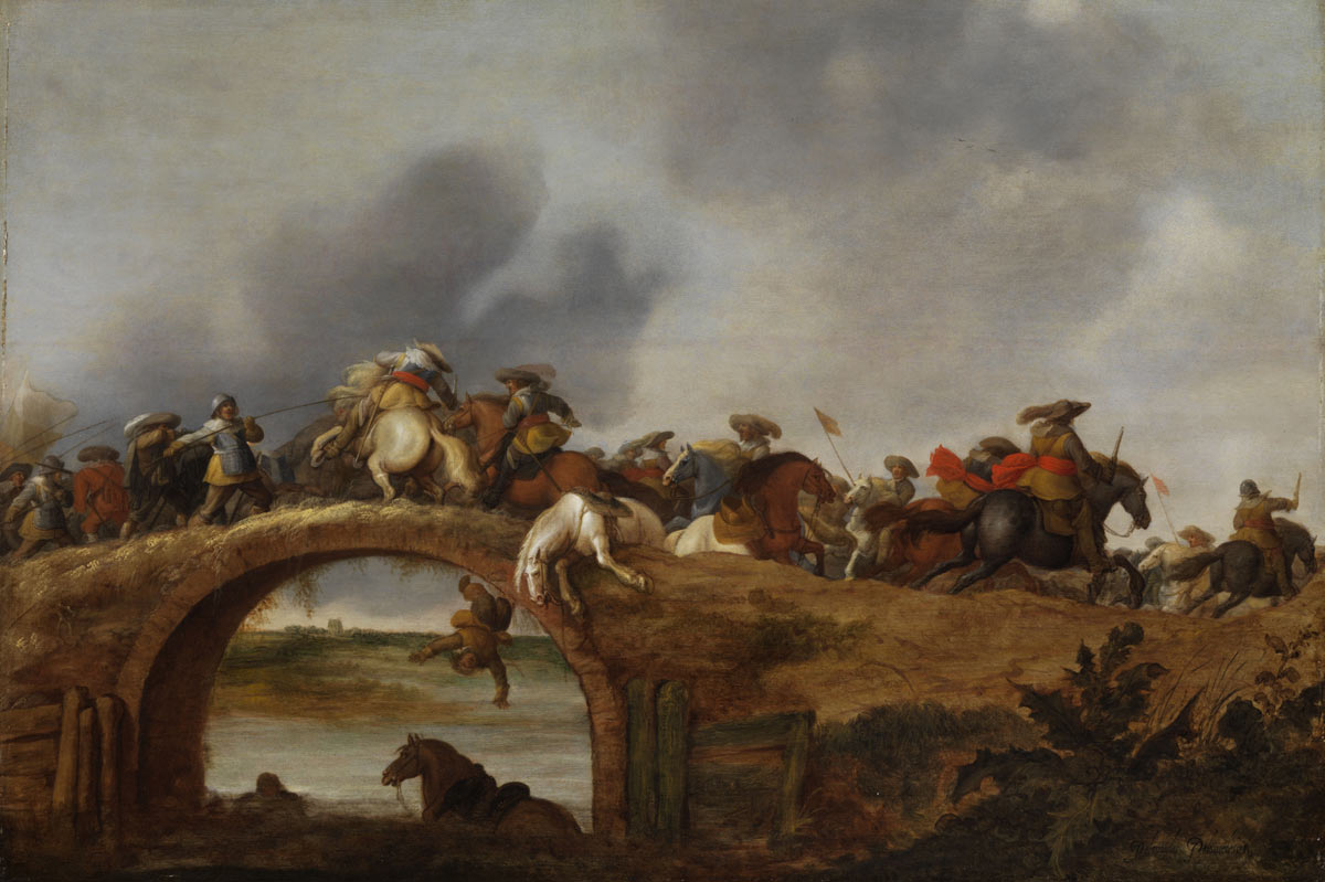Horse attacking a bridge: Battle of Cropredy Bridge on 29th June 1644 in the English Civil War: picture by Palamedes Palamedesz