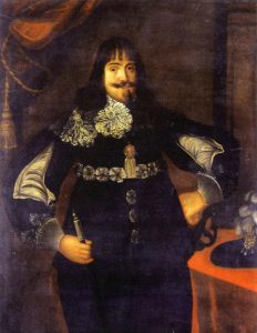 Major-General Sir James Lumsden commanding the second rank of Foot in the centre of the Parliamentary-Scots army at the Battle of Marston Moor on 2nd July 1644 in the English Civil War