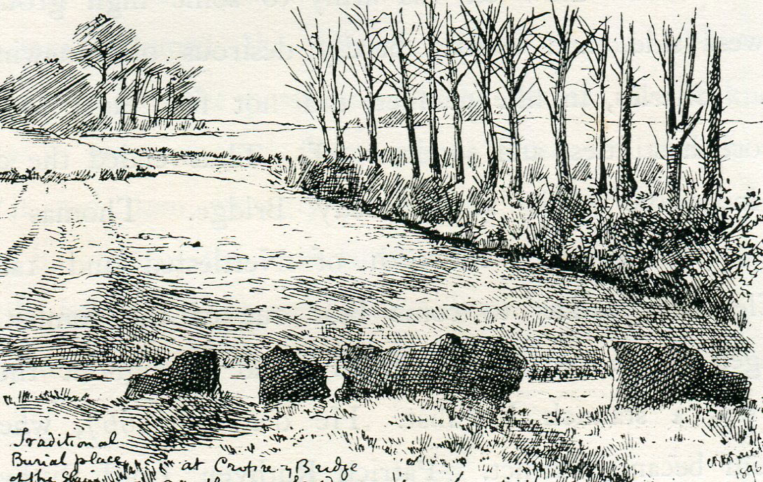Burial ground after the battle: Battle of Cropredy Bridge on 29th June 1644 in the English Civil War: drawing by C.R.B. Barrett