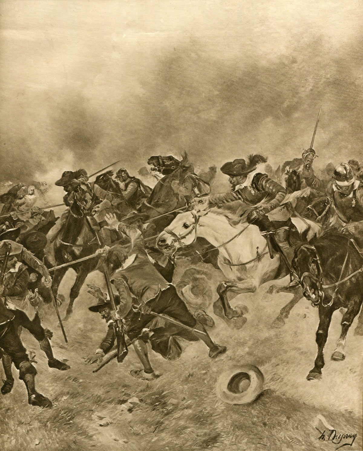 The attack of Cromwell’s Parliamentary Ironsides on Newcastle’s White Coats in the White Sike Close at the Battle of Marston Moor on 2nd July 1644 in the English Civil War