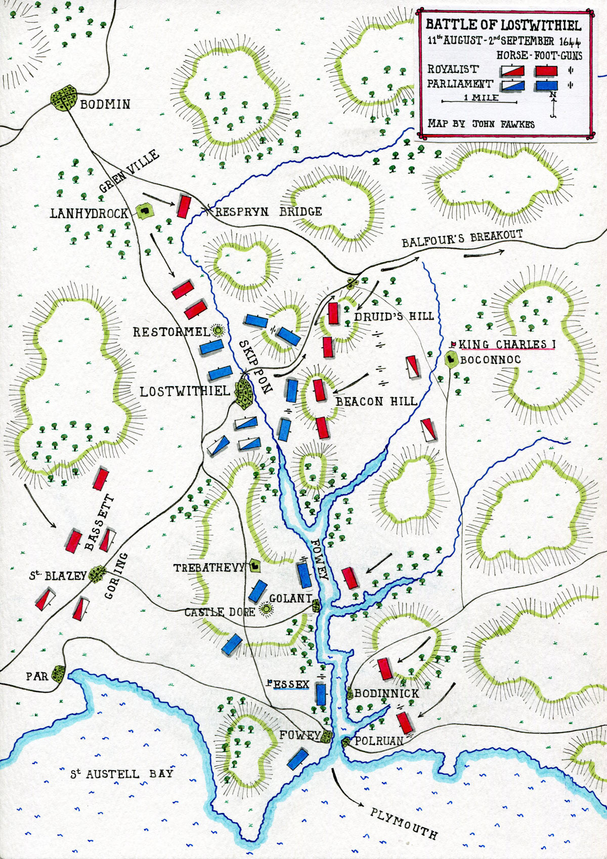 Map of the Battle of Lostwithiel 11th August to 2nd September 1644 in the English Civil War: map by John Fawkes