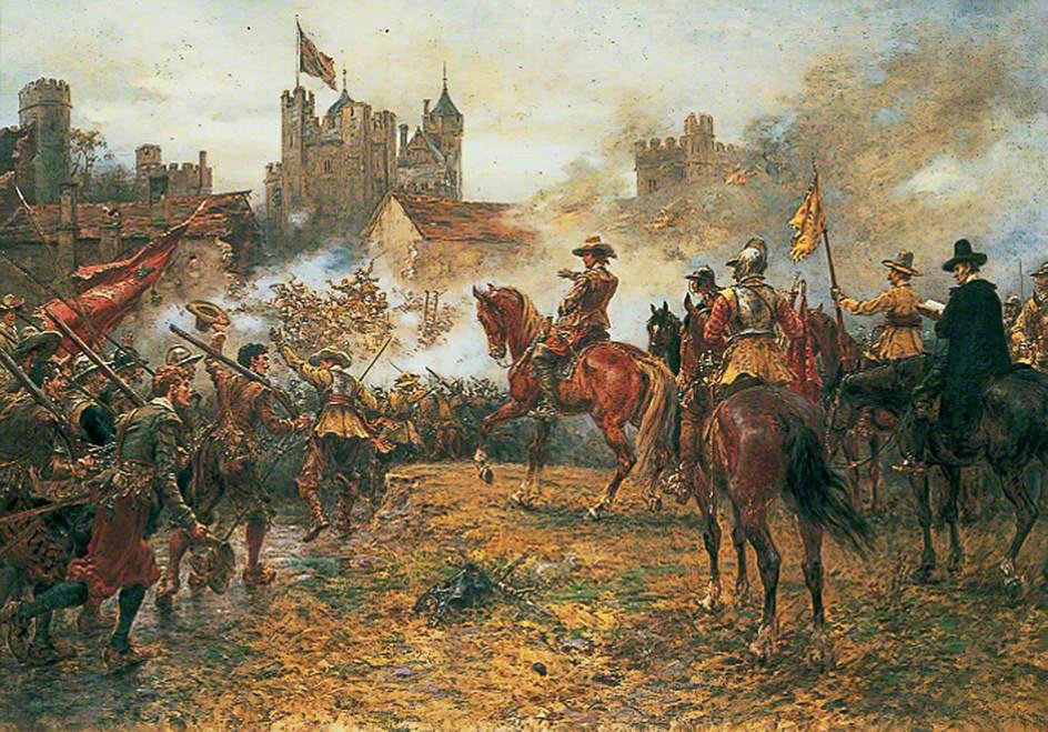 Oliver Cromwell at the Storming of Basing House on 14th October 1645 during the English Civil War: picture by Ernest Crofts