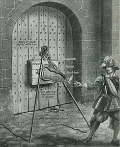 Exploding a petard fixed to a castle gate: Siege of Basing House 1642 to 1645 during the English Civil War