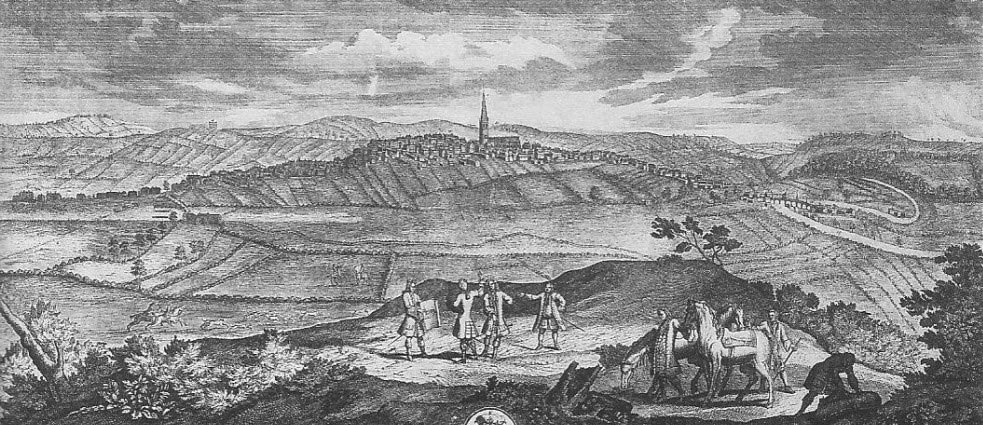Wakefield from the south: Howley Hall to left background: Heath House to the right: Stanley Village in central distance: all unseen: Battle of Wakefield 20th May 1643 in the English Civil War