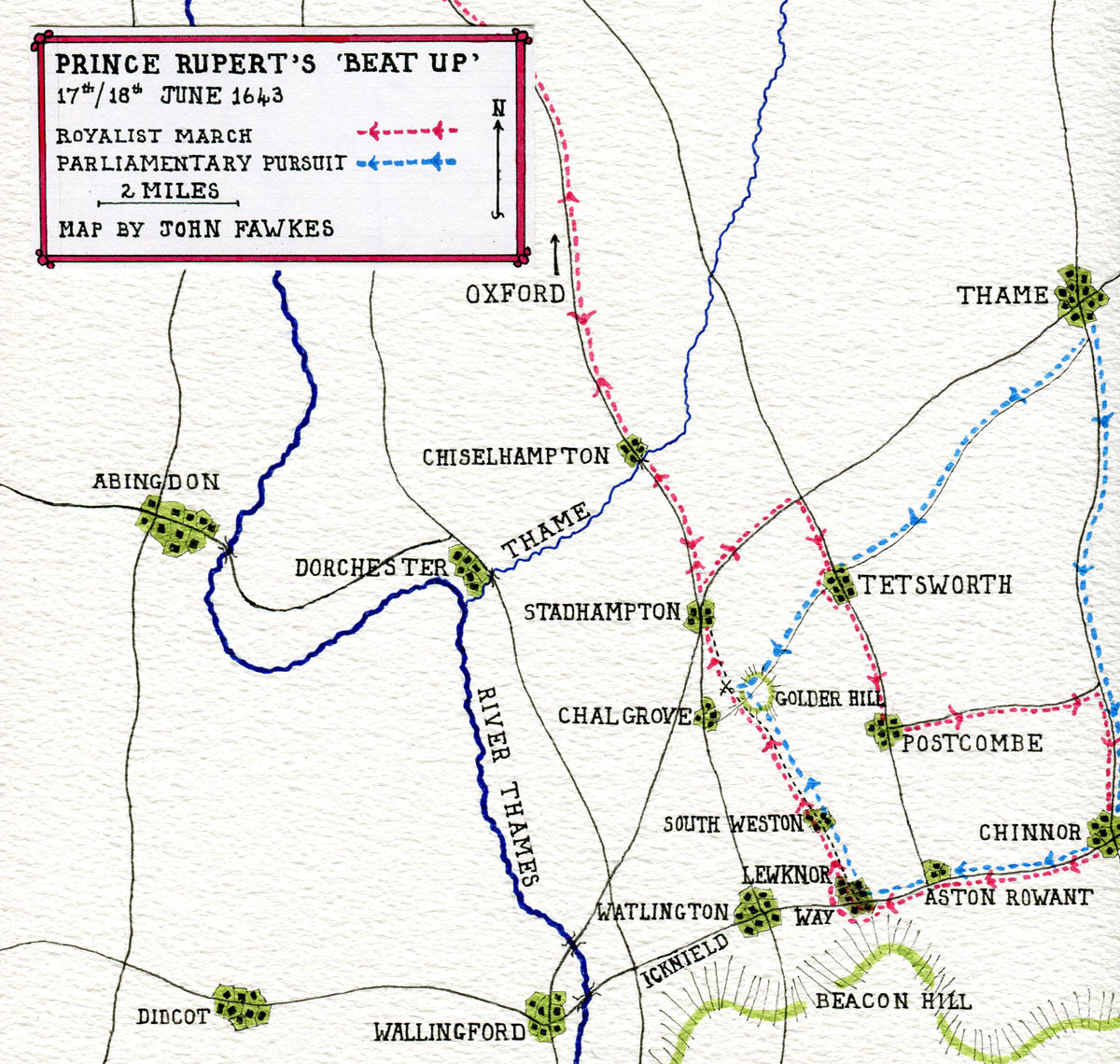 Map of Prince Rupert's march on 17th and 18th June 1643: Battle of Chalgrove 18th June 1643 in the English Civil War: map by John Fawkes