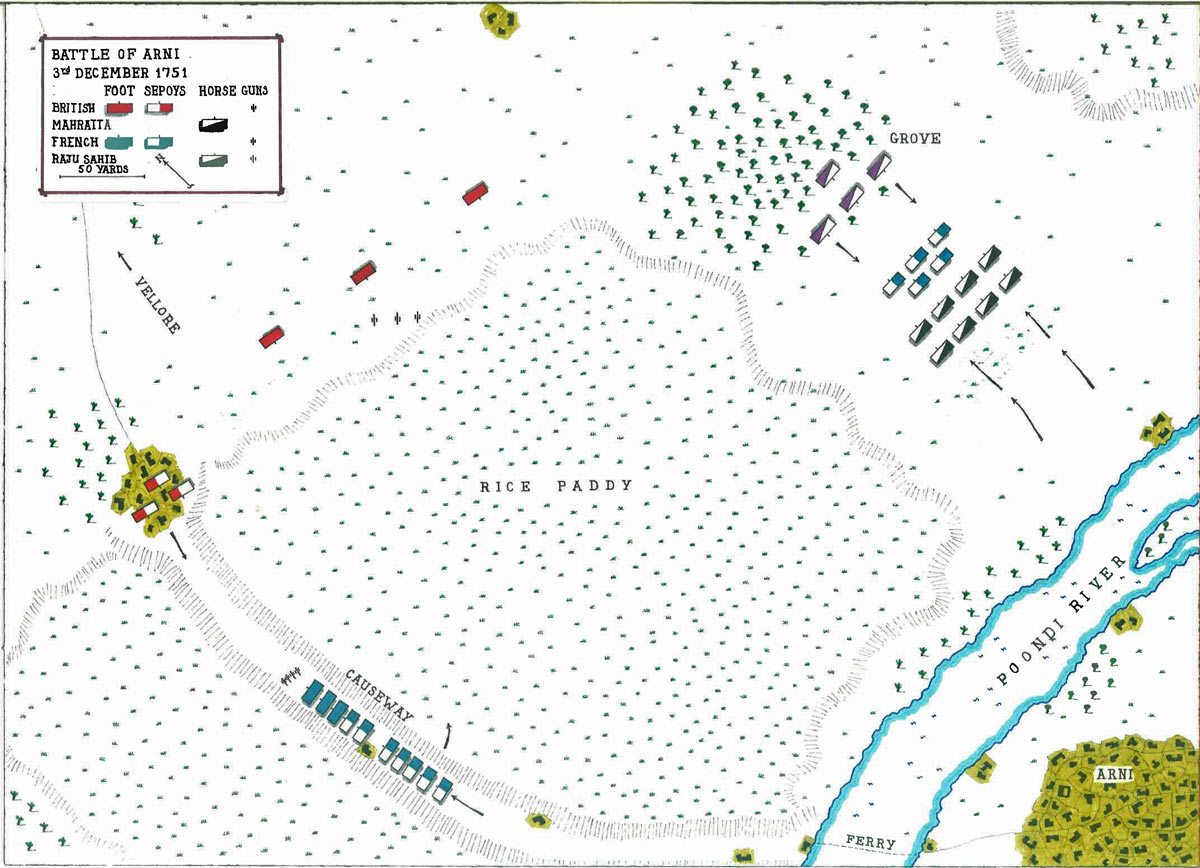 Map of the Battle of Arni on 3rd December 1751 in the Anglo-French Wars in India (Second Carnatic War): map by John Fawkes