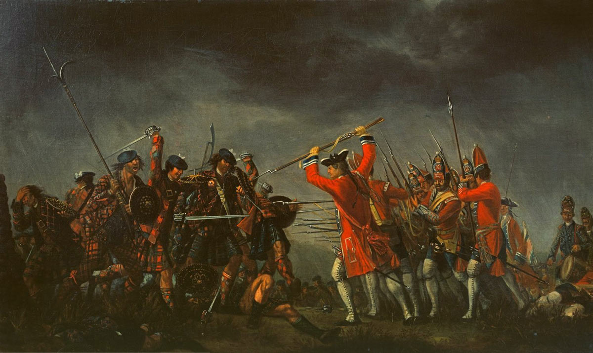 The Highland charge on Barrell's Regiment: Battle of Culloden 16th April 1746 in the Jacobite Rebellion: painted by Davind Morier using Highland prisoners as models