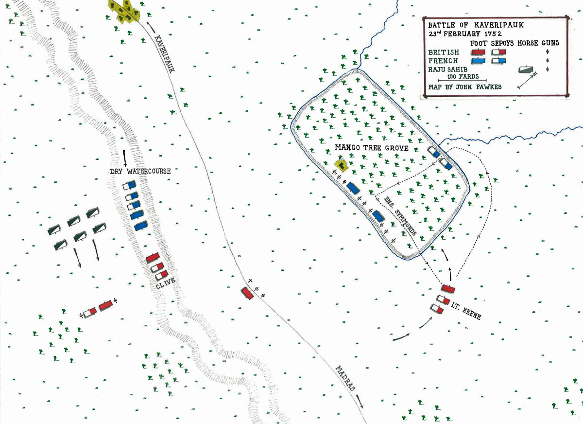 Map of the Battle of Kavripauk on 23rd February 1752 in the Anglo-French Wars in India (Second Carnatic War): map by John Fawkes