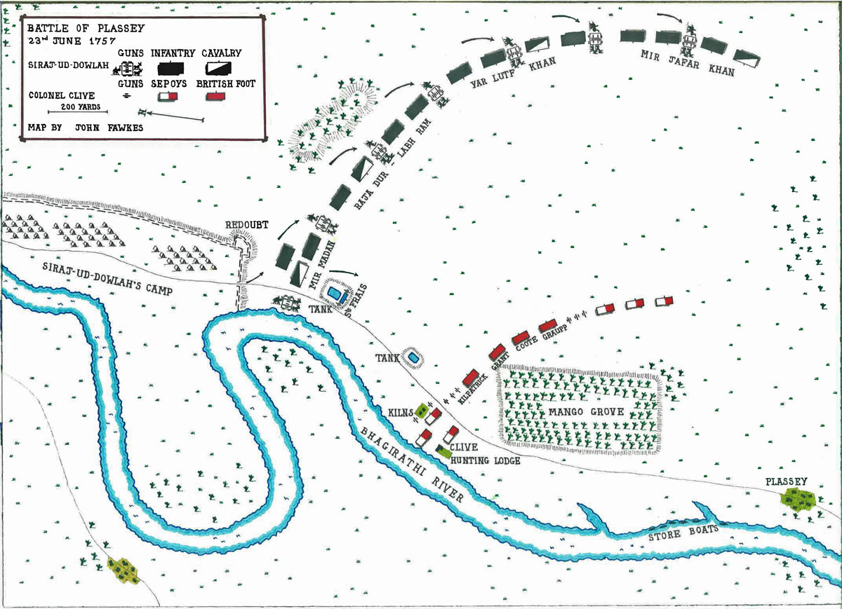 Map of the Battle of Plassey on 23rd June 1757 in the Anglo-French Wars in India: map by John Fawkes