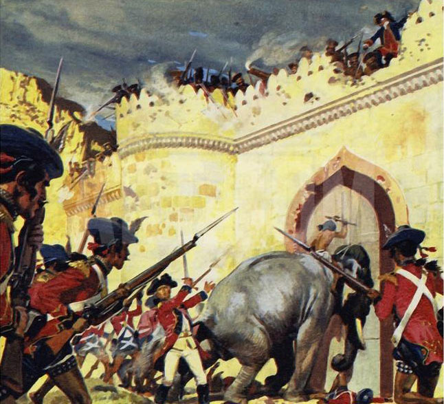 Elephants battering at the gates of Arcot Fort: Siege of Arcot 31st August to 15th November 1751 in the War in India: click here to buy this picture