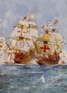 The Armada June to September 1588: Lord Howard in the Ark attacks San Martin, flagship of the Duke of Medina Sidonia. Both ships carry the red cross on the white background, the crusader symbol and the symbol of St George: click here to buy this picture
